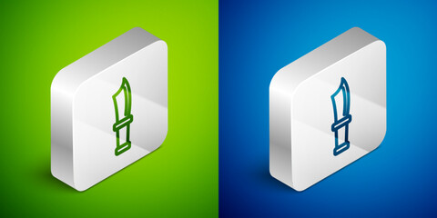 Poster - Isometric line Diving knife icon isolated on green and blue background. Silver square button. Vector