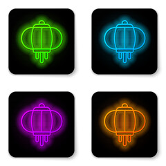 Canvas Print - Glowing neon line Korean paper lantern icon isolated on white background. Black square button. Vector