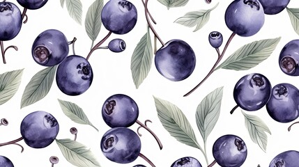 Acai berries pattern on white background, watercolor style painting