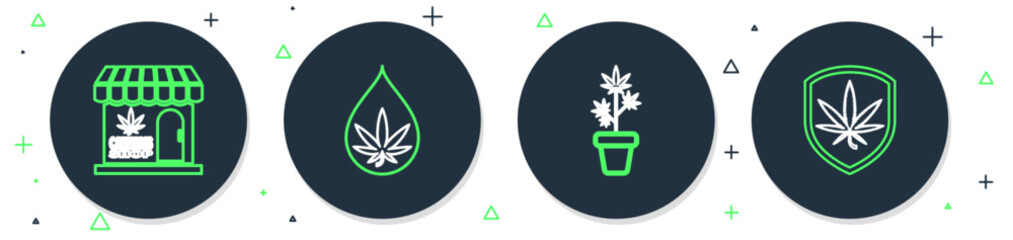 Sticker - Set line Marijuana or cannabis leaf oil, plant in pot, and store and Shield marijuana icon. Vector