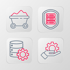Poster - Set line Hand settings gear, Server, with shield and Coal mine trolley icon. Vector