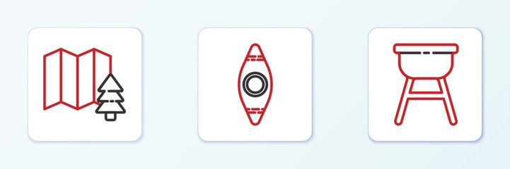 Poster - Set line Barbecue grill, Location of the forest and Kayak canoe icon. Vector