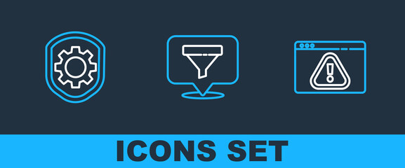 Poster - Set line Browser with exclamation mark, Shield settings gear and Location sales funnel icon. Vector