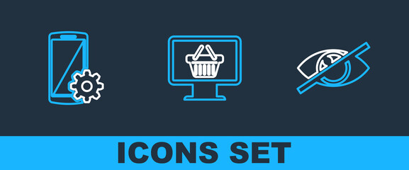 Poster - Set line Invisible or hide, Setting on smartphone and Monitor with shopping basket icon. Vector