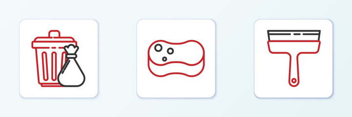 Poster - set line rubber cleaner for windows, trash can and garbage bag and sponge icon. vector
