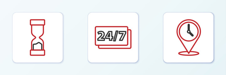 Poster - set line location with clock, old hourglass and clock 24 hours icon. vector