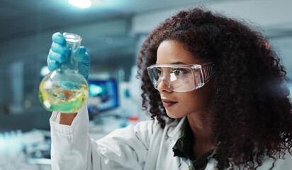 Poster - Scientist, research or woman with liquid in test tube for analysis, medical testing and analytics in lab. Biotechnology, healthcare or science person with medicine, sample and vaccine in glass vial