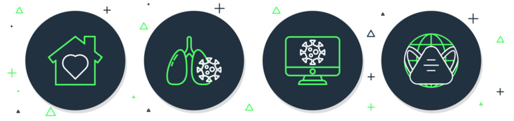 Sticker - Set line Virus cells in lung, statistics on monitor, House with heart inside and Earth medical mask icon. Vector