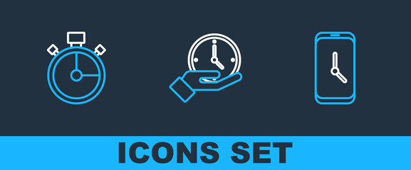 Poster - Set line Alarm clock app mobile, Stopwatch and Clock icon. Vector