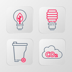 Poster - set line co2 emissions in cloud, trash can, led light bulb and light with leaf icon. vector