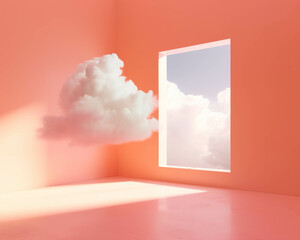 Wall Mural - A cloud and window in a peachy pink room. Minimal concept. Pop art romantic idea.