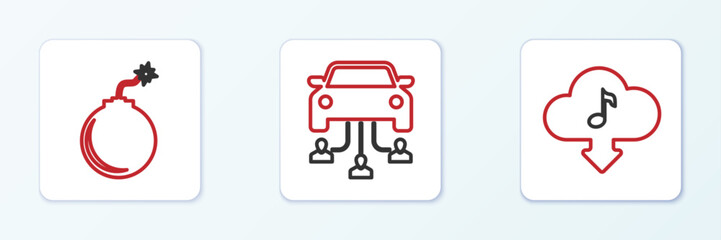 Poster - Set line Cloud download music, Bomb ready to explode and Car sharing icon. Vector