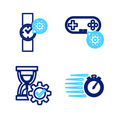 Poster - Set line Stopwatch, Hourglass setting, Gamepad and Wrist icon. Vector