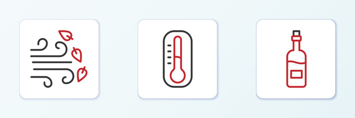 Poster - set line bottle of wine, windy weather and thermometer icon. vector