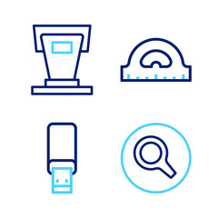 Poster - Set line Magnifying glass, USB flash drive, Protractor grid and Stage stand icon. Vector