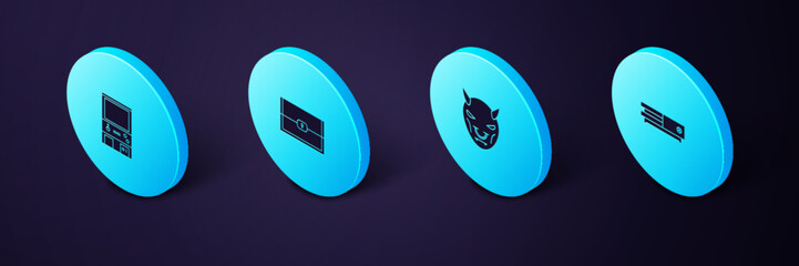 Poster - set isometric video game console, mask of the devil with horns, chest for and retro arcade machine i