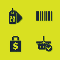 Sticker - Set Price tag with Sale, Shopping basket check mark, Shoping bag and dollar and Barcode icon. Vector