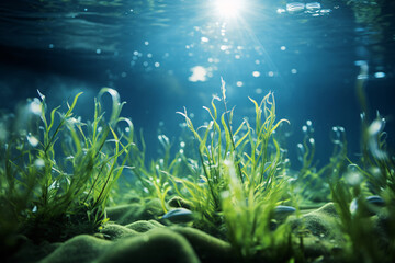 Wall Mural - Blue carbon sinks. Natural carbon sinks capture emissions. Underwater plant role in carbon sequestration. Kelp forest and seagrass meadow. Underwater forest carbon dioxide capture.