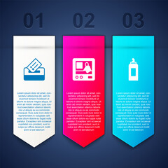 Sticker - Set Vote box, Television report and Paint spray can. Business infographic template. Vector