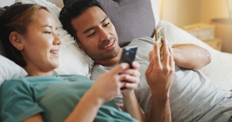 Poster - phone, couple and video mobile streaming of people in bed looking at social media app content. inter