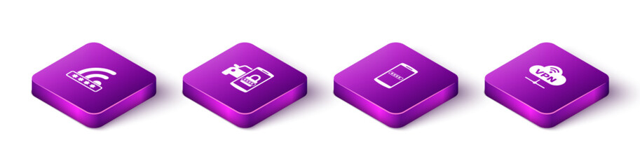 Poster - set isometric wifi locked, smart car security system, mobile and password and vpn network cloud conn