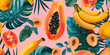 tropical background with fruits, orange, papaya and flowers, leaves. flora and botany