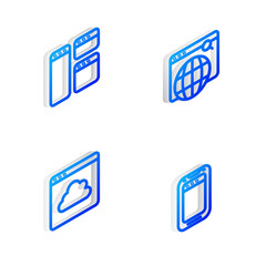 Poster - set isometric line search engine, browser window, cloud technology data transfer and mobile phone ic