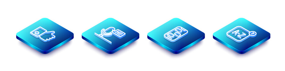Poster - Set Isometric line Hand like, Microphone voice device, New chat messages notification and Online translator icon. Vector