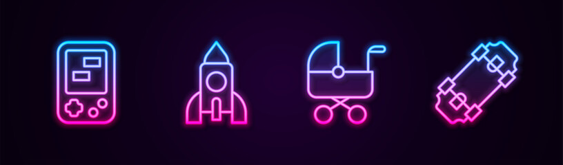 Poster - set line tetris electronic game, rocket ship toy, baby stroller and skateboard. glowing neon icon. v