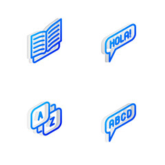 Poster - set isometric line hola in different languages, open book, vocabulary and alphabet icon. vector