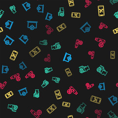 Poster - Set line Laptop service, Video camera, Smartphone and USB flash drive on seamless pattern. Vector