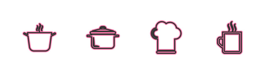 Sticker - Set line Cooking pot, Chef hat, and Coffee cup icon. Vector