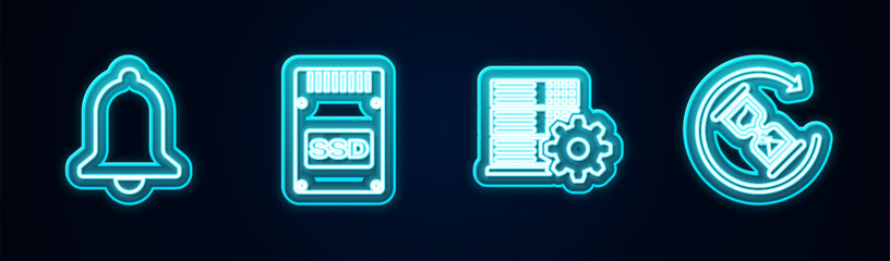Poster - set line ringing bell, ssd card, server setting and waiting. glowing neon icon. vector