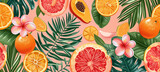 tropical background with fruits, orange, papaya and flowers, leaves. flora and botany