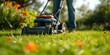 Close-up of a lawn mower cutting grass in the garden