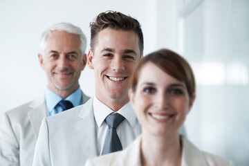 Aufkleber - Smiling , friendly group of three businesspeople , and of different age private company staff posing for office portrait. Diverse business partners , team of colleagues professionals working office