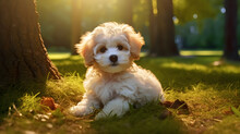The Playful Antics Of A Maltipoo Puppy On The Grass.  Maltese And Poodle Mix. Generative AI