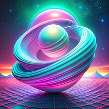 Abstract Wavy Geometric Holographic 3D Shape On Vaporwave Background