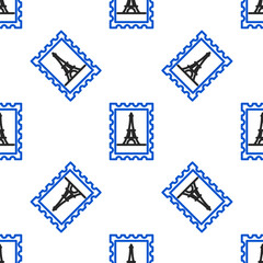 Poster - Line Postal stamp and Eiffel tower icon isolated seamless pattern on white background. Colorful outline concept. Vector