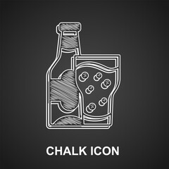 Wall Mural - Chalk Beer bottle and glass icon isolated on black background. Alcohol Drink symbol. Vector