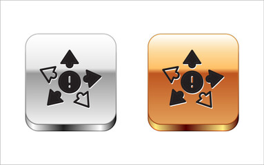 Poster - Black Many ways directional arrow icon isolated on white background. Silver and gold square buttons. Vector