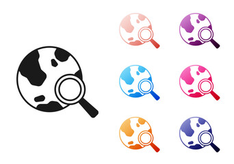 Poster - Black Magnifying glass with globe icon isolated on white background. Analyzing the world. Global search sign. Set icons colorful. Vector