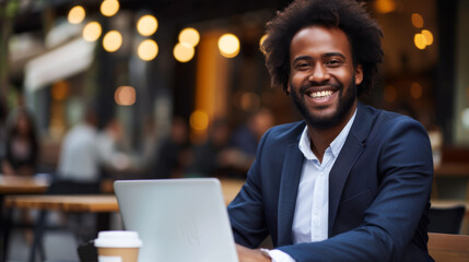 Sticker - A smiling person seated at a café table with a laptop, exhibiting a relaxed and confident demeanor.