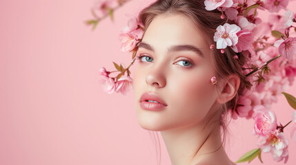 beautiful fashion portrait of young woman with wreath of spring flowers in hairstyle over pink backg