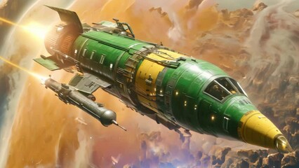 Wall Mural - Stellar Voyage: Green and Yellow Spaceship. Generative ai
