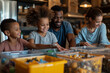 © HDP-STUDIO - Parents teaching their children how to sort recyclables into different bins, with clear labels for glass, paper, and plastics, in the kitchen