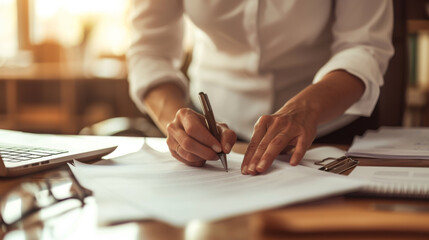 Sticker - A close-up shows a person's hands signing a document on a desk, one hand holding a pen with precision and the other providing stability