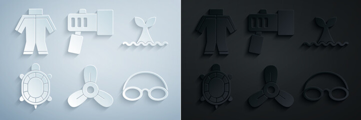 Poster - Set Boat propeller, turbine, Whale tail ocean wave, Turtle, Glasses and cap, Flashlight and Wetsuit icon. Vector