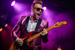 © Holly Berridge - Energetic guitarist in a shiny purple blazer, white shirt, and sunglasses rocking the stage with a powerful performance of a rock song.
