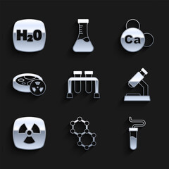 Poster - Set Test tube, Molecule, Microscope, Radioactive, with toxic liquid, Mineral Ca Calcium and Chemical formula H2O icon. Vector